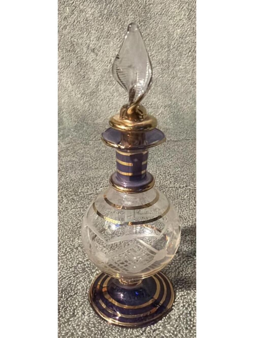 VTG Egyptian Gold Trim Glass Perfume Bottle W/ Stopper 4 3/4” Tall